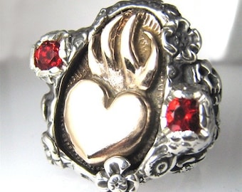 Sacred Heart Bronze Heart with two small side Skulls  Ring