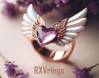 Winged Pearl and Amethyst heart Gold ring