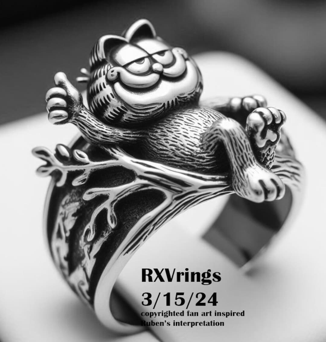 Garfield the Cat Silver Ring Chill Out Cool Cat Made to Any Size Etsy