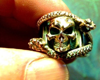 3 Rattle Snakes Skull Ring solid sterling silver bronze snakes and skull