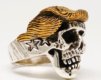 Bague tête de mort en acier inoxydable avec cheveux en or 18 carats taille 9,10,12,13,15,17,18,19,20 demi-tailles disponibles