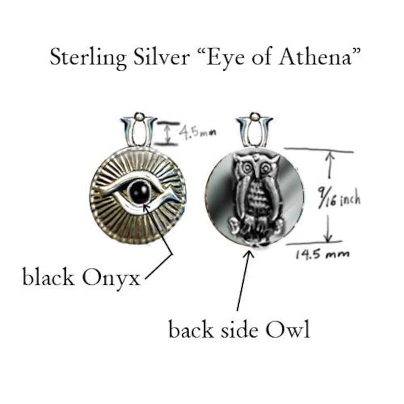 Eye of Athena with Owl on the reverse side stone is black onyx pendant all sterling silver image 1