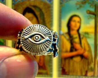 Amuleto Ojo Pequeño de Dios BUENA SUERTE Anillo dos Búhos de la Suerte para wiccan y moteros y buscadores