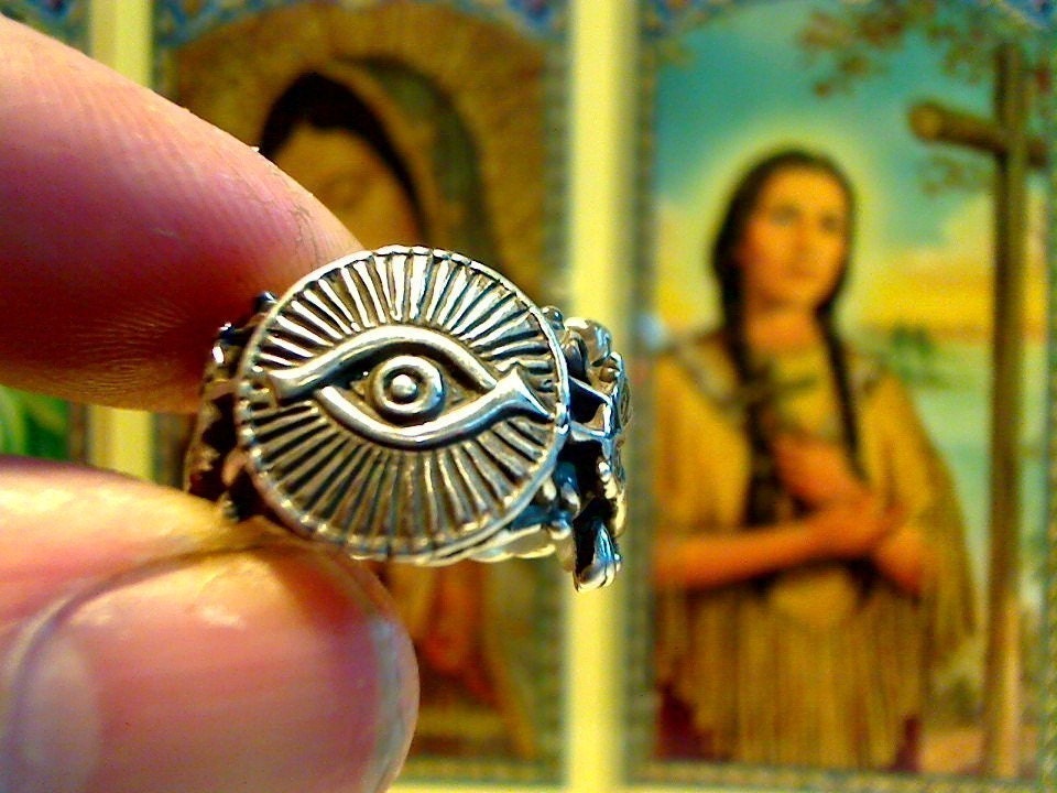 Little Eye of God Amulet  GOOD LUCK Ring two Lucky Owls for wiccan and biker and seekers