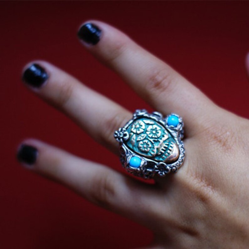 Turquoise Sugar Skull Ring of Bronze and Solid Sterling Silver Etsy