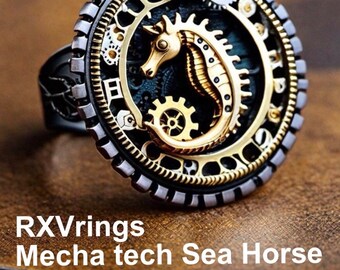 Mecha Tech Sea Horse silver and bronze ring, any finger size.