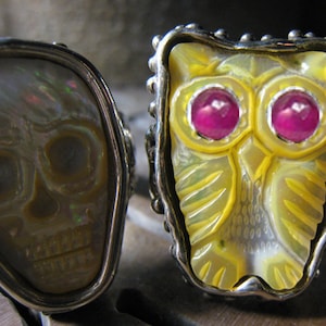 Owl Ruby Eyes carved Golden Lip Mother of Pearl Owl and Ruby cab stones in the eyes  R067