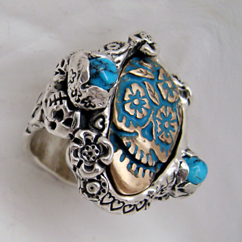 Turquoise Sugar Skull Ring of Bronze and Solid Sterling Silver Etsy