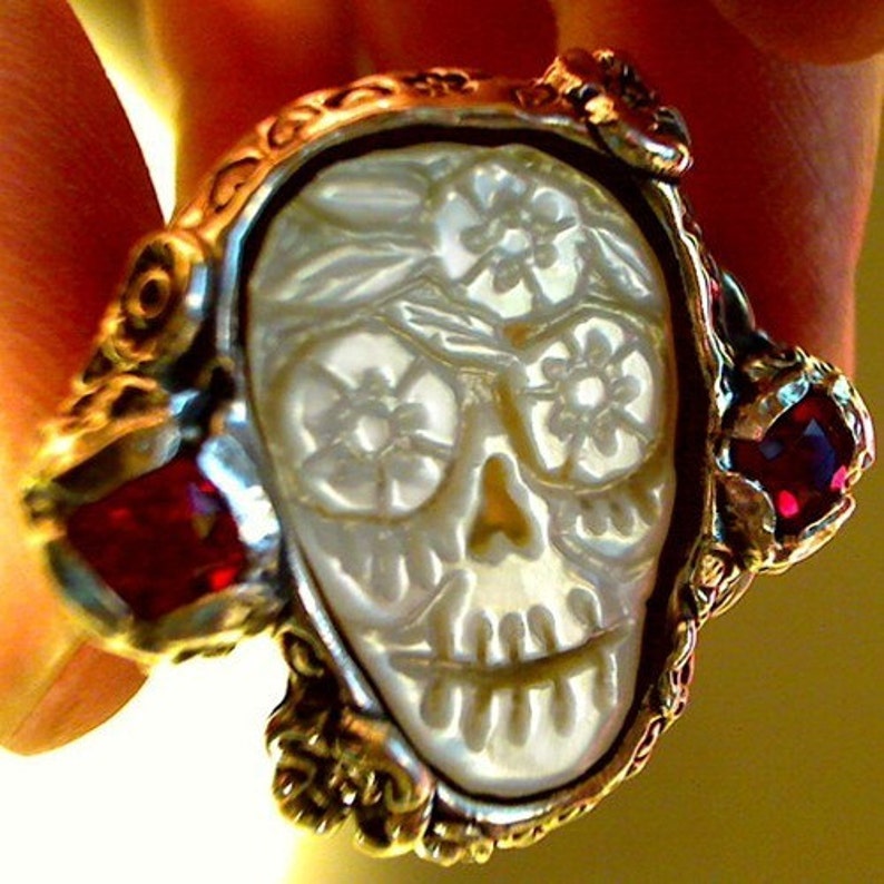 day of the dead Wedding ring sugar skull in pother of pearl image 1