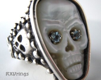 Aqua Eyes Skull Mother of Pearl Silver ring