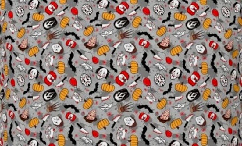 May include: A gray Halloween-themed fabric with a repeating pattern of pumpkins, masks, knives, bats, balloons, and other spooky elements in orange, black, red, and white. The design is suitable for crafting or seasonal decor.
