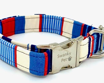 Anchors Away - Stylish Red, White & Blue Striped Dog Collar by Swanky Pet