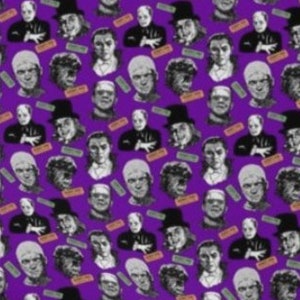 May include: A purple pattern featuring illustrations of classic movie monsters, including Frankenstein's monster, the Phantom of the Opera, and the Wolfman. The design includes small rectangular labels with text. The overall theme is horror and vintage cinema.