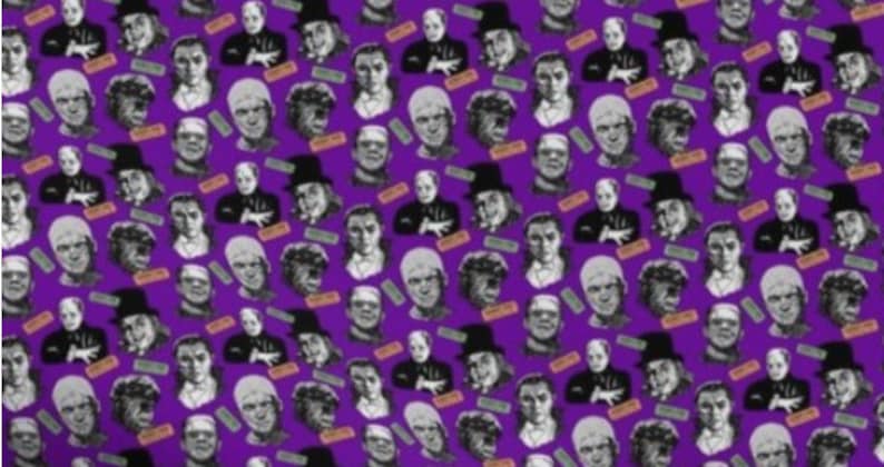 May include: A purple pattern featuring illustrations of classic movie monsters, including Frankenstein's monster, the Phantom of the Opera, and the Wolfman. The design includes small rectangular labels with text. The overall theme is horror and vintage cinema.