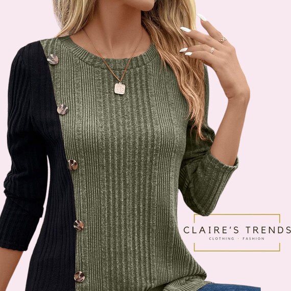 Two tone Button Accent Knit Sweater for Women Ribbed Long Sleeve Pullover Cozy Fall Winter Fashion 2 Color Colorblock Jumper Etsy UK