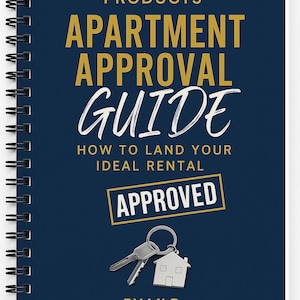 May include: A spiral-bound notebook with a navy blue cover featuring the text "APARTMENT APPROVAL GUIDE" in gold and white. The cover also includes a silver house key and a small house-shaped keychain. The notebook is designed to help people find an apartment.