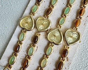 Vintage Gold Tone Heart Watch Bracelet with Green & Brown Stone Links, Retro Quartz Wristwatch, Boho Statement Jewelry Gift for Her