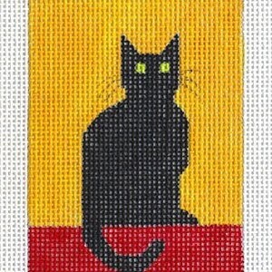 May include: A black cat with green eyes sits on a red and yellow background. The cat is looking directly at the viewer.