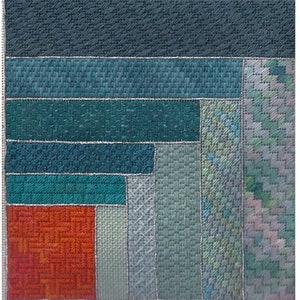 May include: A colorful geometric pattern with a variety of shades of blue, green, and orange. The pattern is made up of squares and rectangles of different sizes.