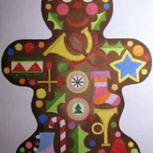May include: A gingerbread man with a brown face and colorful decorations, including a candy cane, a star, a stocking, and a trumpet. The gingerbread man is surrounded by a variety of colorful dots and shapes.