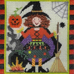 May include: A cross-stitch pattern featuring a witch holding a jack-o'-lantern, a broom, and a black cat. The witch is wearing a purple dress, a black hat, and a green cape. The background is a black and orange striped border.