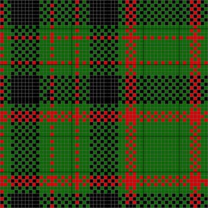 May include: A black, green, and red plaid pattern. The pattern is made up of small squares.