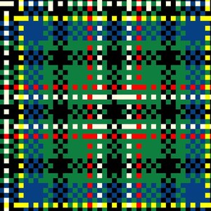 May include: A colorful abstract pattern with a green, black, white, red, blue, and yellow color scheme. The pattern is made up of small squares arranged in a grid.