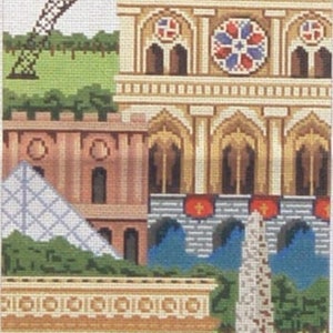 Puede incluir: Un bordado de punto de cruz que representa una escena parisina con globos aerostáticos, la Torre Eiffel, la Catedral de Notre Dame y el Museo del Louvre. La escena está llena de colores vibrantes y detalles intrincados.