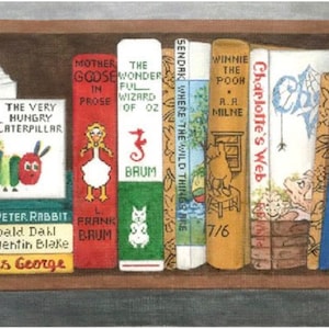 May include: A bookshelf filled with colorful children's books. The books include "The Very Hungry Caterpillar", "Matilda", "Curious George", "Mother Goose in Prose", "The Wonderful Wizard of Oz", "Where the Wild Things Are", "Winnie the Pooh", "Charlotte's Web", and "The Cat in the Hat".