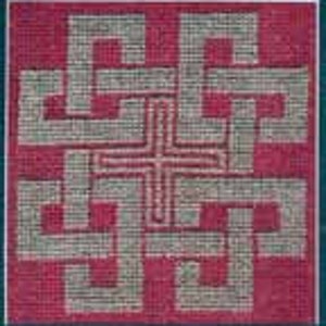 Könnte beinhalten: Ein rotes Kreuz mit einem weißen keltischen Knotenmuster. Der Knoten besteht aus ineinandergreifenden Linien, die ein komplexes und kompliziertes Design bilden.