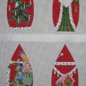 May include: Four hand-painted Christmas ornaments with red backgrounds and white trim. The ornaments feature a Christmas tree, Santa Claus, a gingerbread house, and a group of children riding a horse.