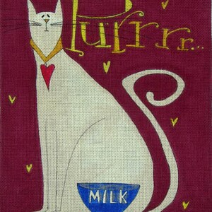 May include: A white cat with a red heart on its chest sits next to a blue bowl that says "MILK". The cat has a yellow collar and the background is a deep burgundy color. The word "Purr..." is written in yellow above the cat.