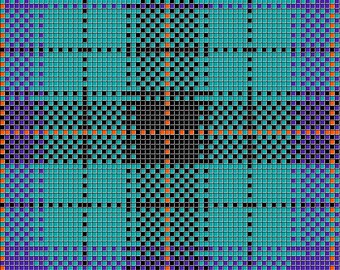 May include: A geometric pattern with a black background and squares in shades of blue, orange, and purple.