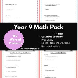 Könnte beinhalten: Ein Mathematik-Lernpaket für die 9. Klasse mit 160 Textaufgaben zu vier Themen: Quadratische Gleichungen, Wahrscheinlichkeitsrechnung, lineare und nicht-lineare Graphen sowie Wurzeln und Indizes, inklusive Lösungsblättern für jeden Abschnitt.