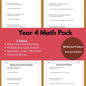 May include: A Year 4 Maths Pack educational resource featuring four worksheets covering place value, rounding, multiplication, division, geometry, area, perimeter, time, and money. The pack includes 160 word problems with answers provided for students.