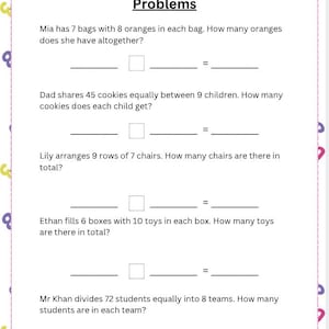 May include: A worksheet titled "Simple Multiplication and Division Worded Problems" with five math problems. The problems involve multiplication and division scenarios, with spaces for answers. The worksheet is on white paper with a colorful border and the FunMathz logo.