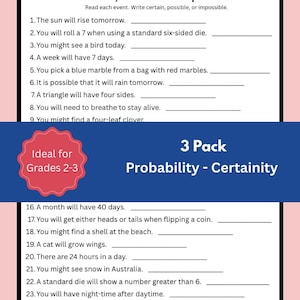 May include: A white educational worksheet titled Certain, Possible or Impossible with a list of 25 probability questions. A blue banner overlays the center with the text 3 Pack Probability - Certainty and a red badge stating Ideal for Grades 2-3.