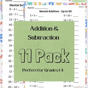 Puede incluir: Hojas de trabajo de matemáticas imprimibles para los grados 1-4, con problemas de suma y resta. Las hojas de trabajo están diseñadas para la práctica de cálculo mental y contienen el texto "Addition & Subtraction 11 Pack". Fondo con formas coloridas.