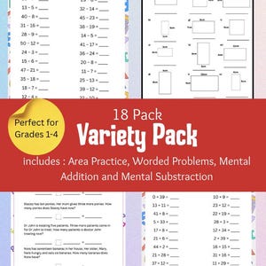 Puede incluir: Un paquete de 18 hojas de trabajo educativas para los grados 1-4, con práctica de áreas, problemas verbales y ejercicios de suma y resta mental. Las hojas de trabajo tienen un fondo blanco con texto negro.