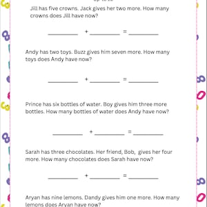 May include: A worksheet with five one-step addition word problems for kids. Each problem involves adding two numbers together, with the answer to be filled in. The worksheet is titled "One Step Addition Worded Problems" and is labeled "Up to 10".