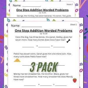 May include: A printable worksheet with math word problems for kids. The worksheet is titled "One Step Addition Worded Problems" and includes a 3-pack logo. The problems involve adding numbers up to 20.