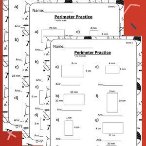 May include: A black and white worksheet with the title "Perimeter Practice" and several geometric shapes with measurements in centimeters and millimeters. The worksheet is divided into sections labeled "a" through "g" and includes answer lines for students to calculate the perimeter of each shape.