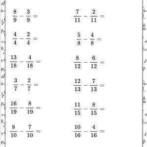 Puede incluir: Una hoja de trabajo con el título "Sustracción de fracciones semejantes" y una serie de problemas de matemáticas que implican la resta de fracciones con el mismo denominador. Los problemas están dispuestos en dos columnas.