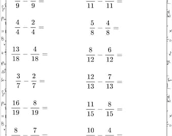 May include: A worksheet with the title "Like Fraction Subtraction" and a series of math problems involving subtracting fractions with like denominators. The problems are arranged in two columns.