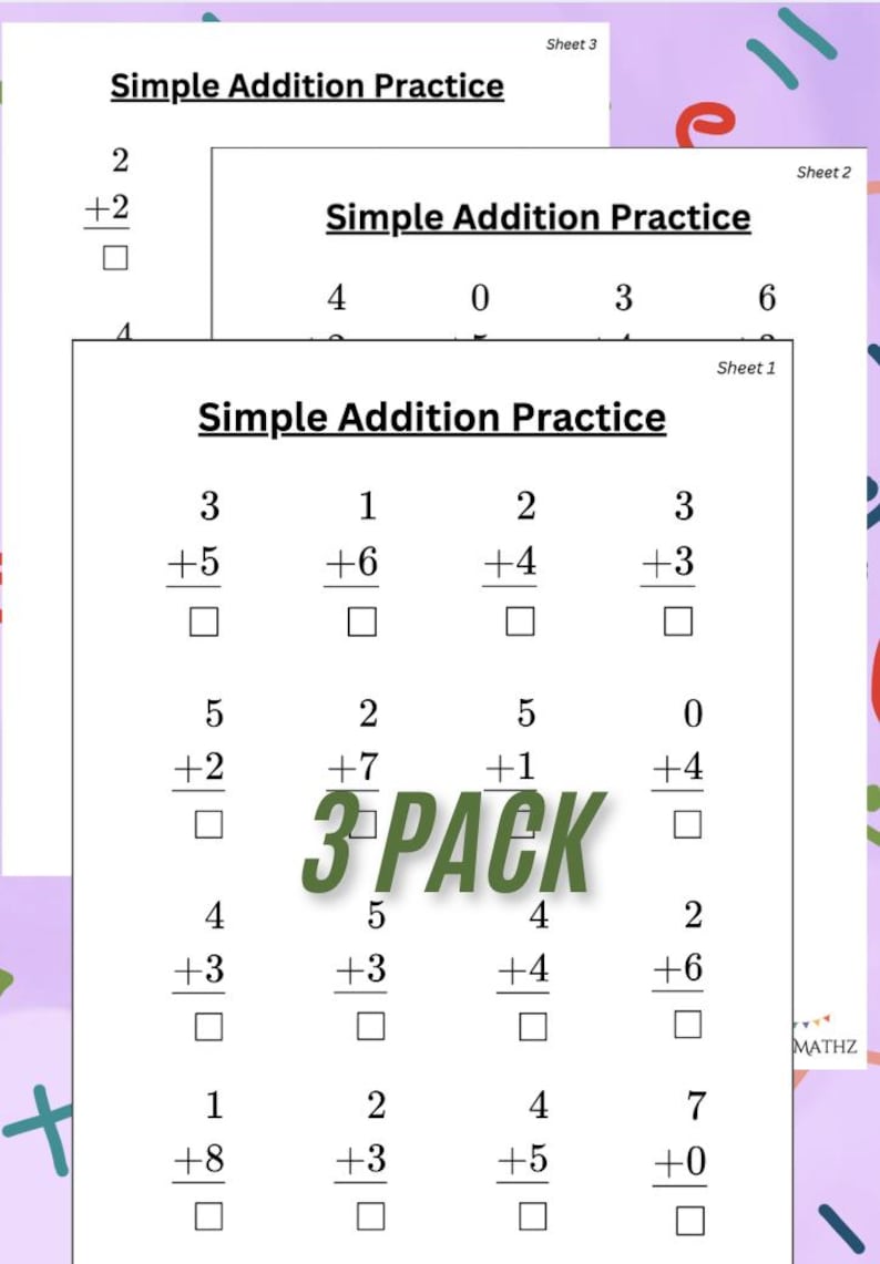 3 Pack Printable Simple Vertical Addition Worksheet - Etsy