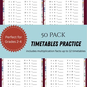 Pode incluir: Um pacote de 50 folhas de exercícios de tabuada para as séries 2-4. Cada folha apresenta problemas de multiplicação até as tabuadas do 12. As folhas de exercícios são projetadas com um layout claro.