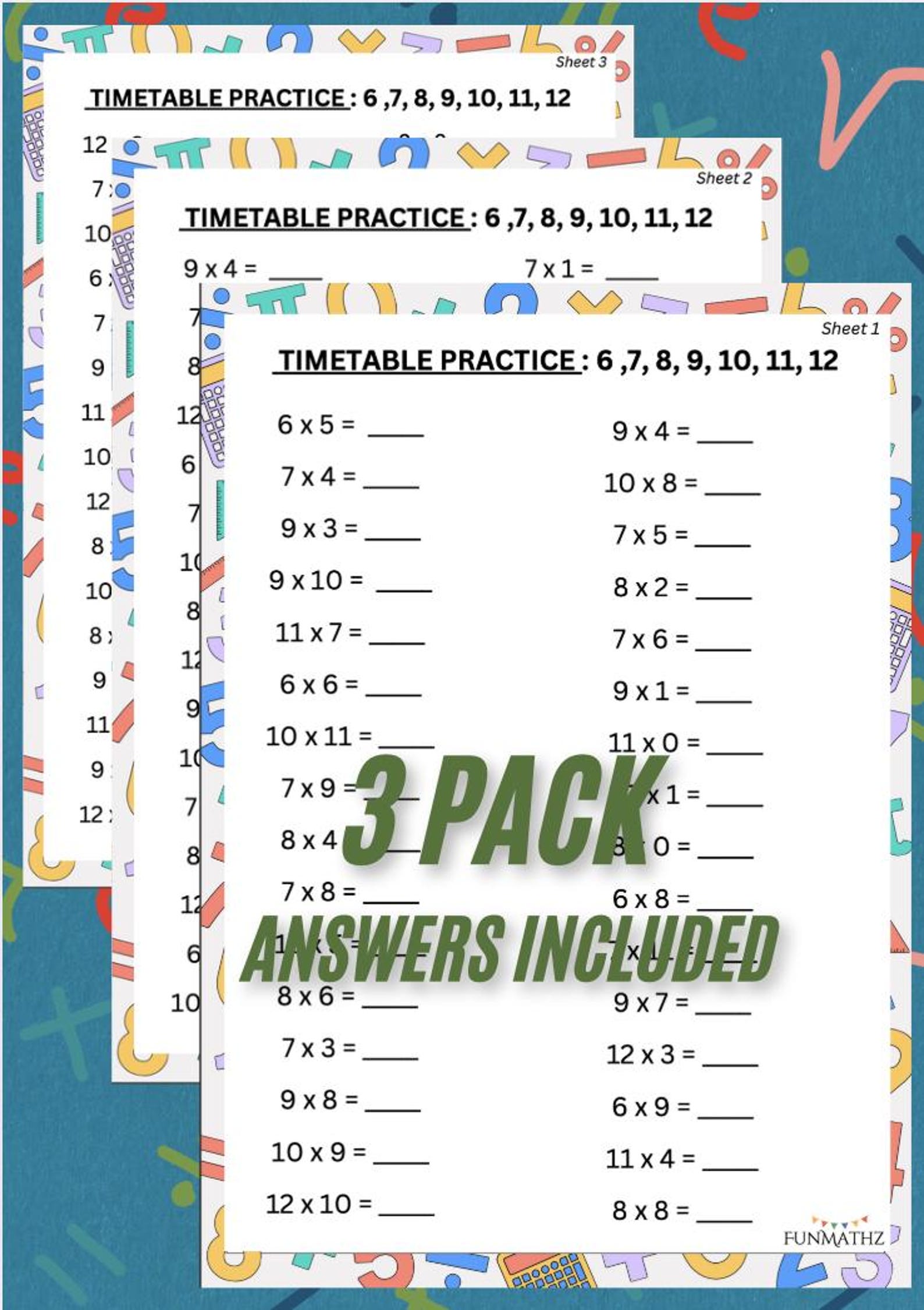 3 pack multiplication timetables worksheet numbers 6 12 etsy