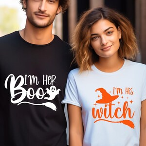 Koszulki dla par na Halloween, Koszulki na Halloween dla mężczyzn i kobiet, Jestem jej Boo, Jestem jego czarownicą, Jego i jej, Cukierek albo psikus, Koszulka czarownicy, Koszulka Boo