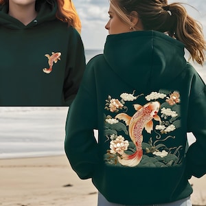 Cozy Vintage Japanese Koi Fish Hoodie, Nautical Animal Asian Art Nouveau Japan Hoodie, Pond Top Urban Unisex Spring Hoodie, Tokyo Style Tee