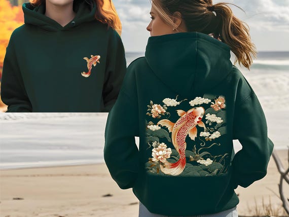 Cozy Vintage Japanese Koi Fish Hoodie, Nautical Animal Asian Art Nouveau Japan Hoodie, Pond Top Urban Unisex Spring Hoodie, Tokyo Style Tee